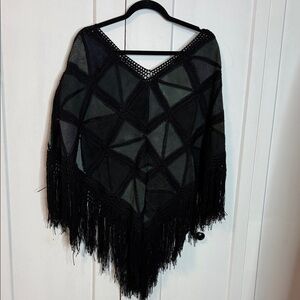 Handmade in Ecuador Black Fringe suede Crochet Poncho